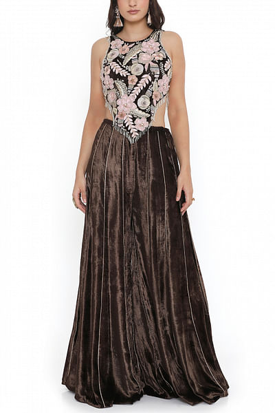 Brown velvet sharara set