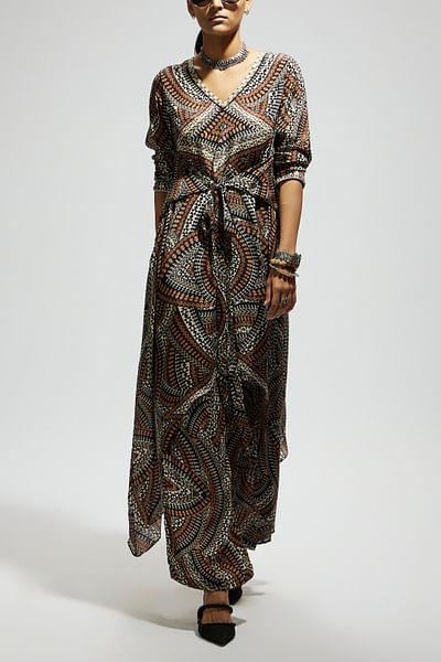Brown zentangle printed tunic set