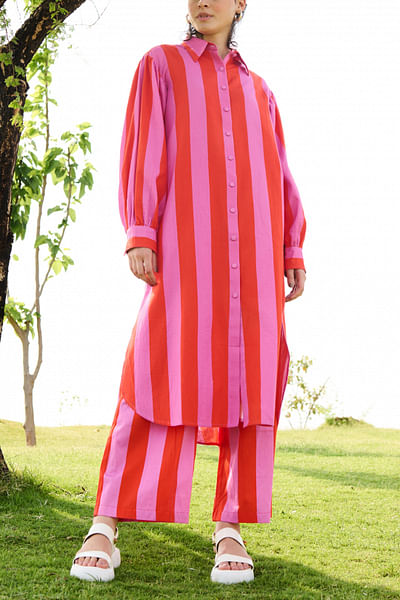 Bubblegum pink stripe printed shirt kurta set