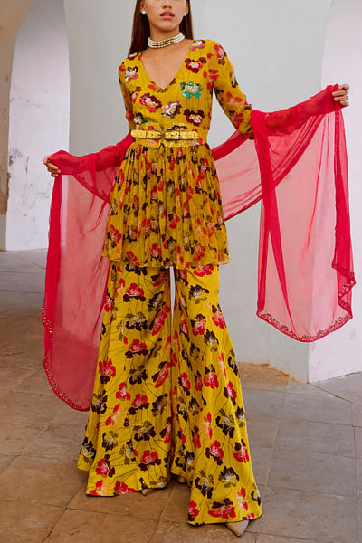 Bumblebee green poppy plant print sharara set