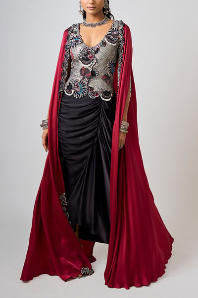 Burgundy and black embroidered cape and skirt set