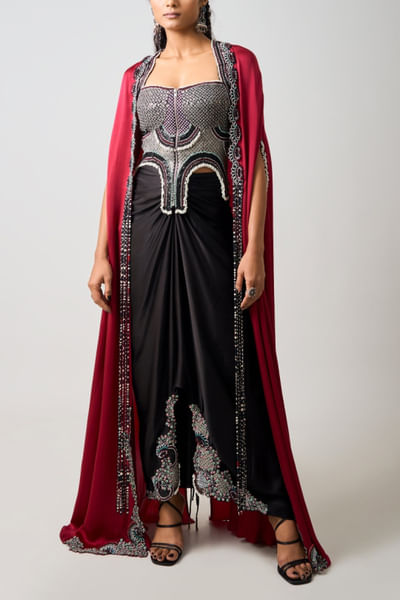 Burgundy and black embroidered cape set