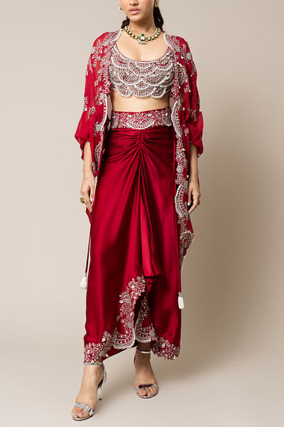 Burgundy embroidered cape and skirt set