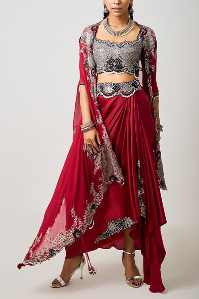 Burgundy embroidered cape and skirt set