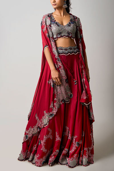 Burgundy embroidered cape lehenga set