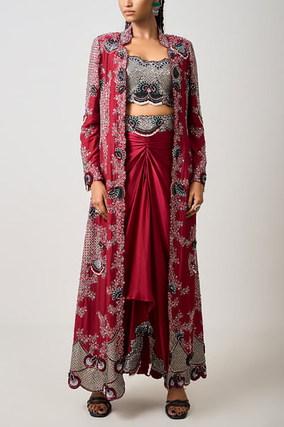 Burgundy embroidered jacket skirt set
