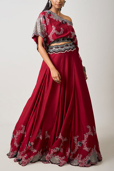 Burgundy embroidered off shoulder lehenga set