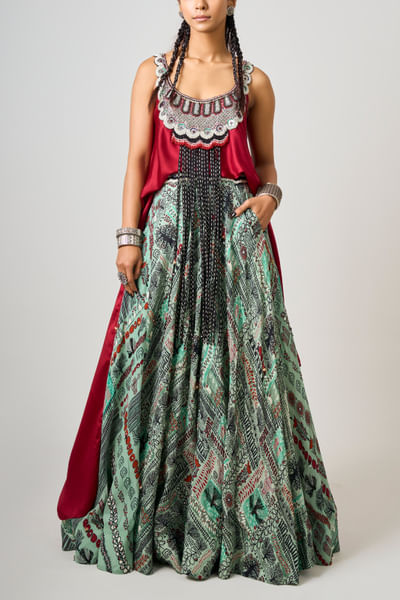 Burgundy embroidered singlet and lehenga