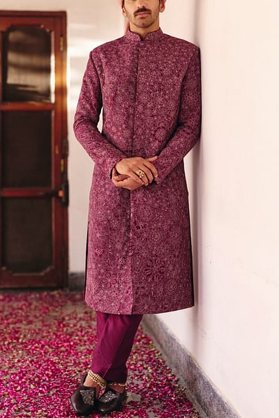 Burgundy floral embroidered sherwani set