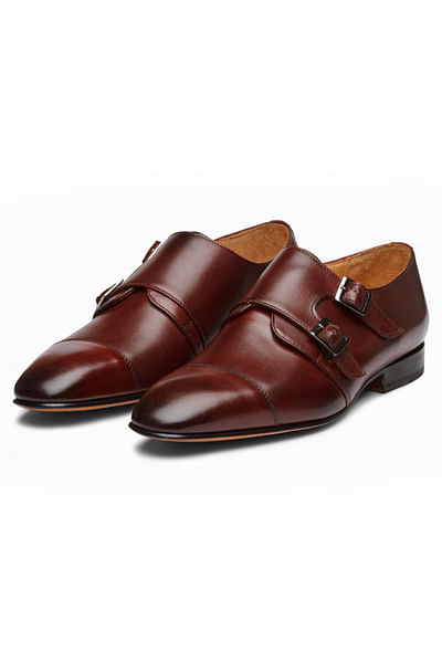 Burgundy off-centre double monk strap shoes