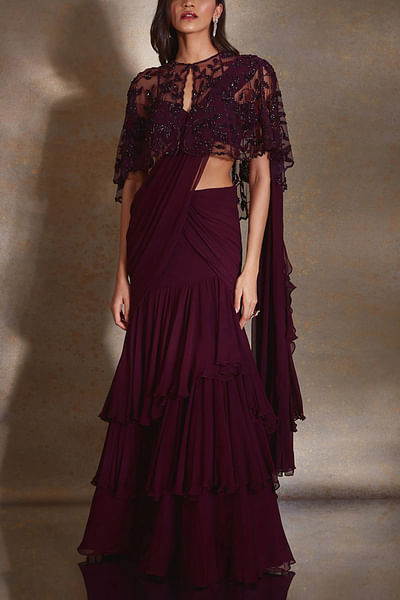Burgundy pre-stitched layered sari set