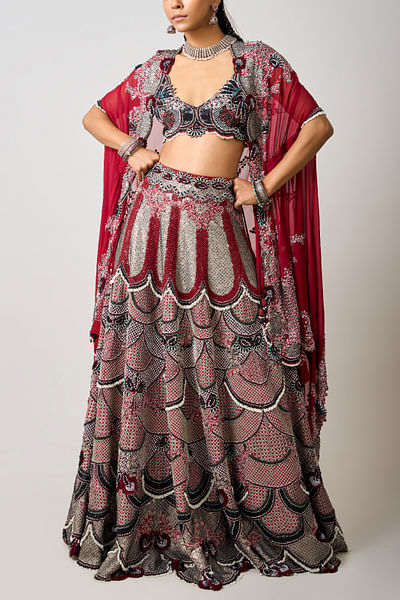 Burgundy scallop embroidered cape lehenga set