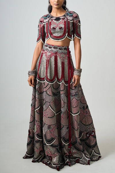 Burgundy scallop embroidered lehenga set
