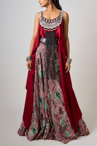 Burgundy singlet and lehenga