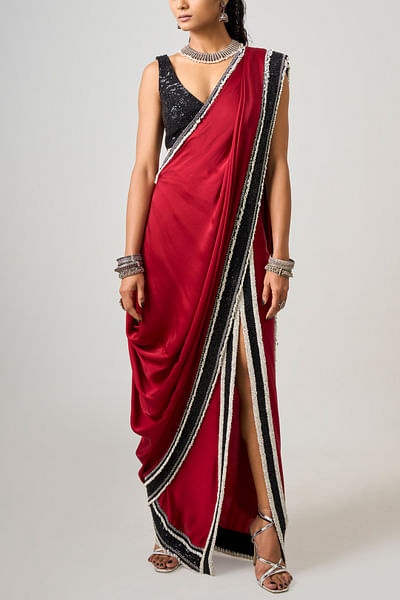 Burgundy slit sari and blouse