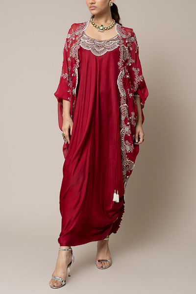 Burgundy Swarovski embroidery cape dress