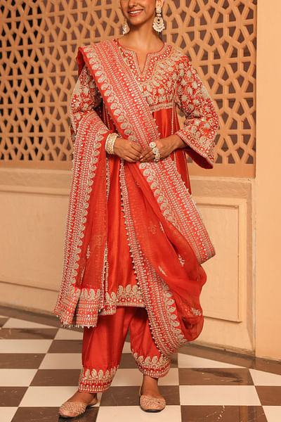 Burnt orange embellished choga kurta set