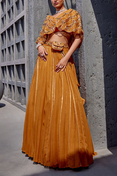 Burnt orange embroidered lehenga set