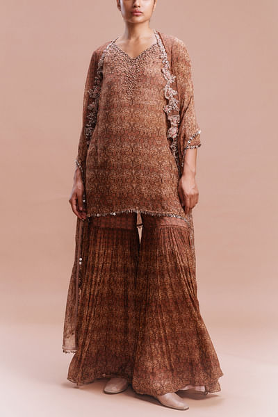Burnt orange floral and bird printed sharara set