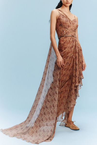 Burnt orange floral ditsy printed draped gown