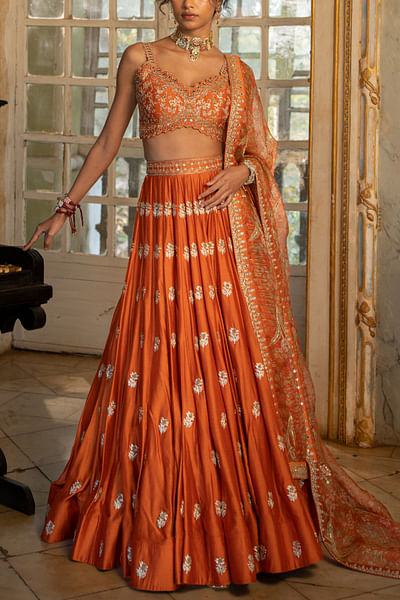 Burnt orange floral embroidery lehenga set