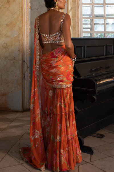 Paulmi & Harsh Burnt orange floral print sharara sari set PNHFEB24AD106