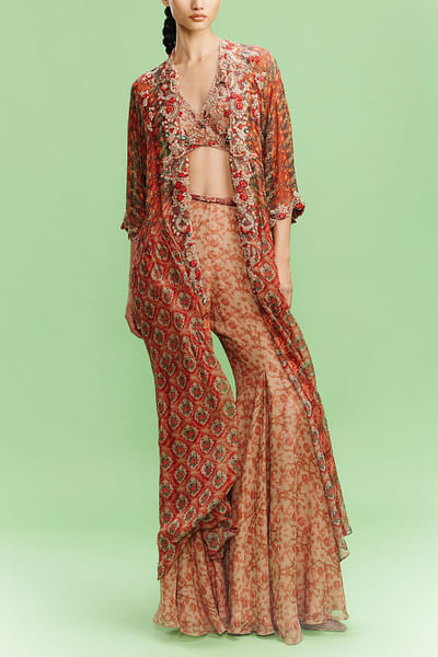 Burnt orange floral printed jacket and sharara set