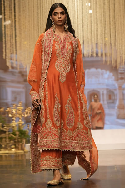 Burnt orange kirandori embroidery kurta set