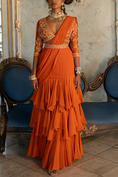 Burnt orange pre-draped layered sari set