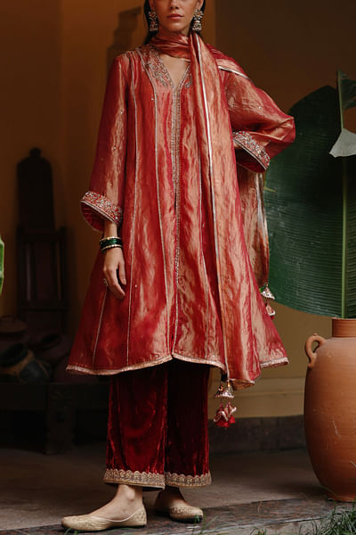 Burnt orange silk embroidered kurta set