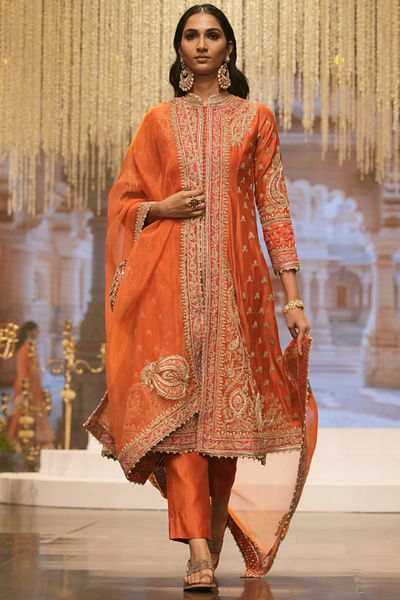 Burnt orange zardozi embroidered kurta set