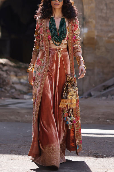 Burnt peach floral embroidered jacket set