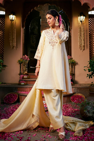 Butter yellow dabka embroidered kurta set
