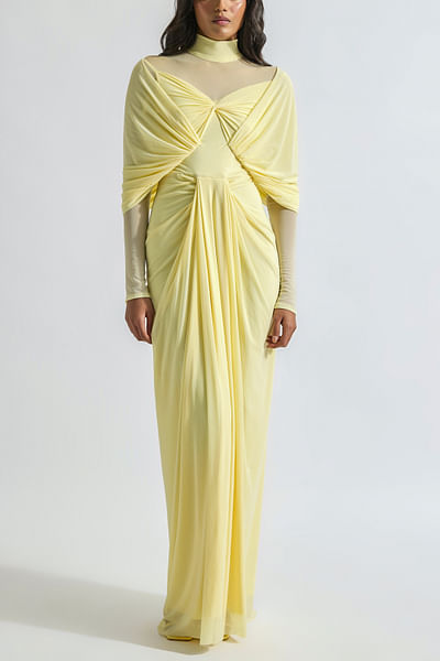 Butter yellow draped high-neck gown