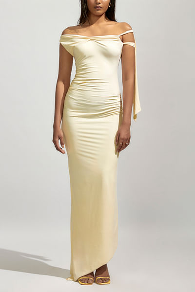Butter yellow one-shoulder ruched dress