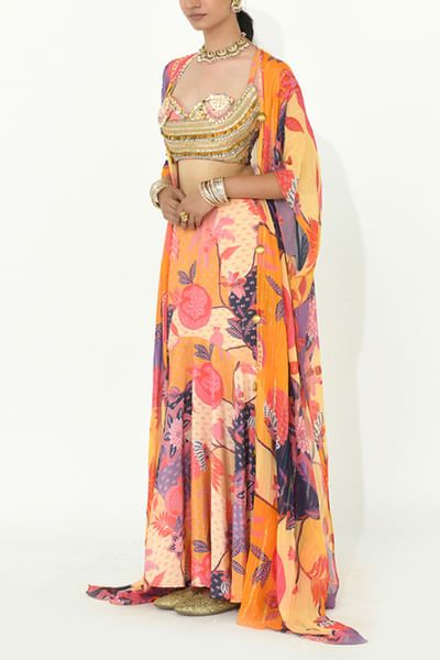 Buttercup yellow floral print cape and skirt set