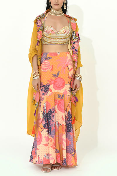 Buttercup yellow floral print skirt and cape set