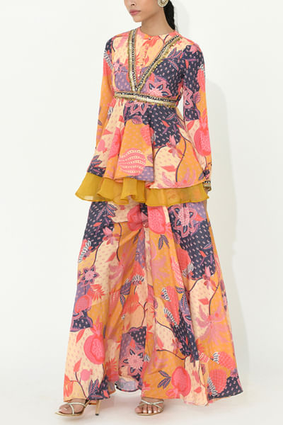 Buttercup yellow fruit print sharara set