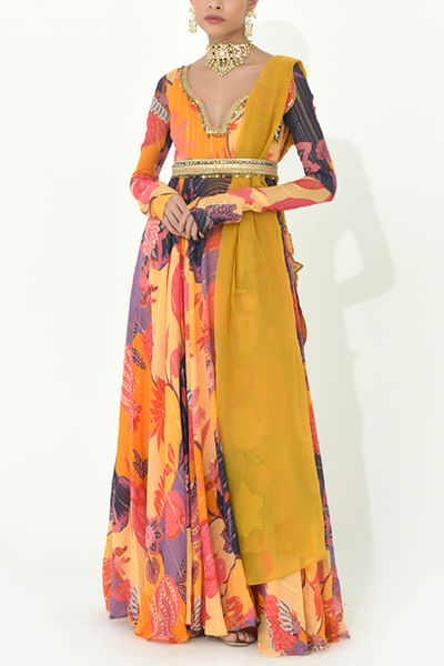 Buttercup yellow fruit printed anarkali set