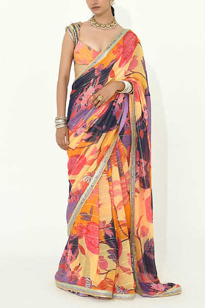 Buttercup yellow fruit printed sari set