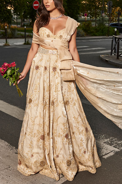 Butterscotch ivory embroidered lehenga set