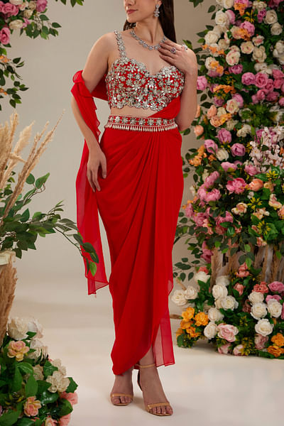 Cadmium red pre-draped sari set