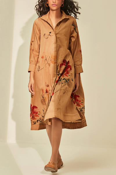 Camel brown floral printed shirt dress