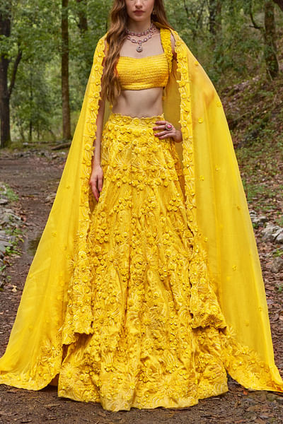 Canary yellow 3D floral embroidered lehenga set