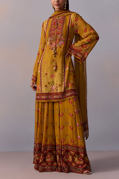 Canary yellow chevron floral print sharara set