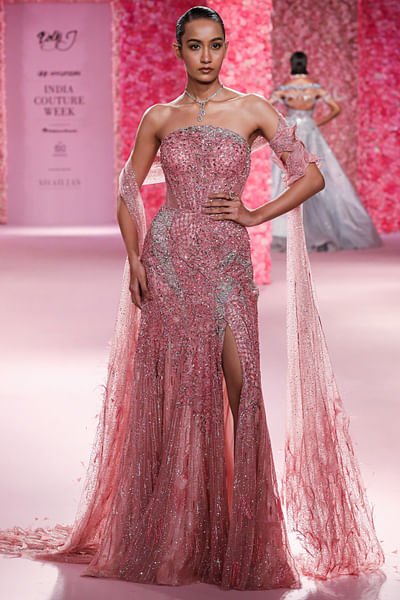 Candy pink embroidered bustier gown set