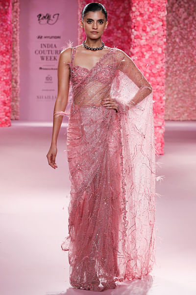 Candy pink embroidered sari set