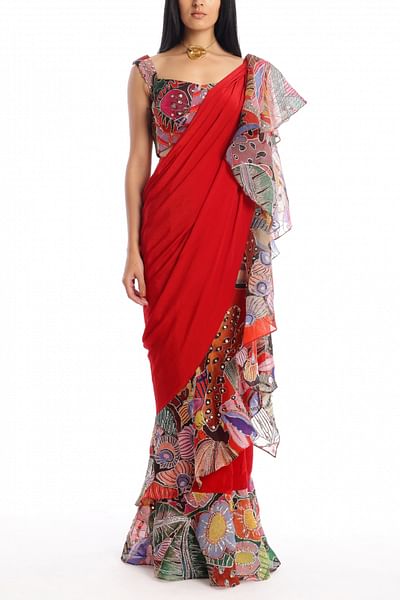 Candy red floral printed ruffled sari set