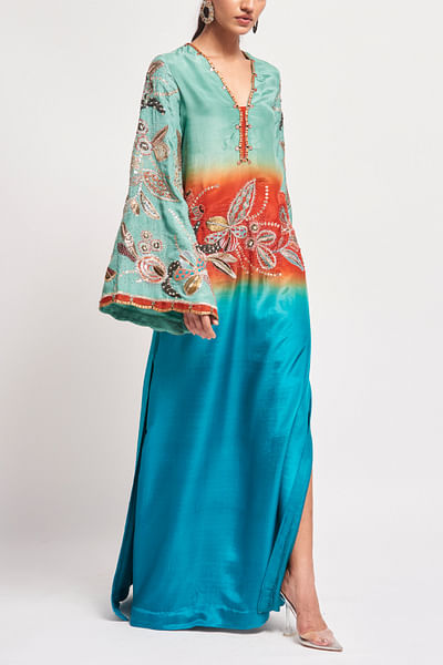 Capri blue ombre floral embroidered maxi dress and long kurta