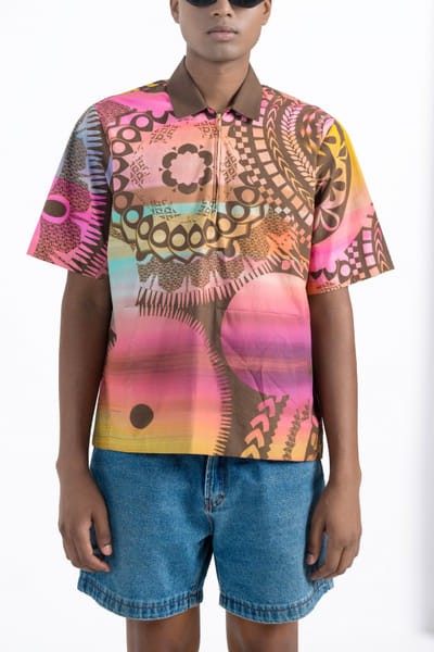 Caramel brown and fuchsia abstract print t-shirt